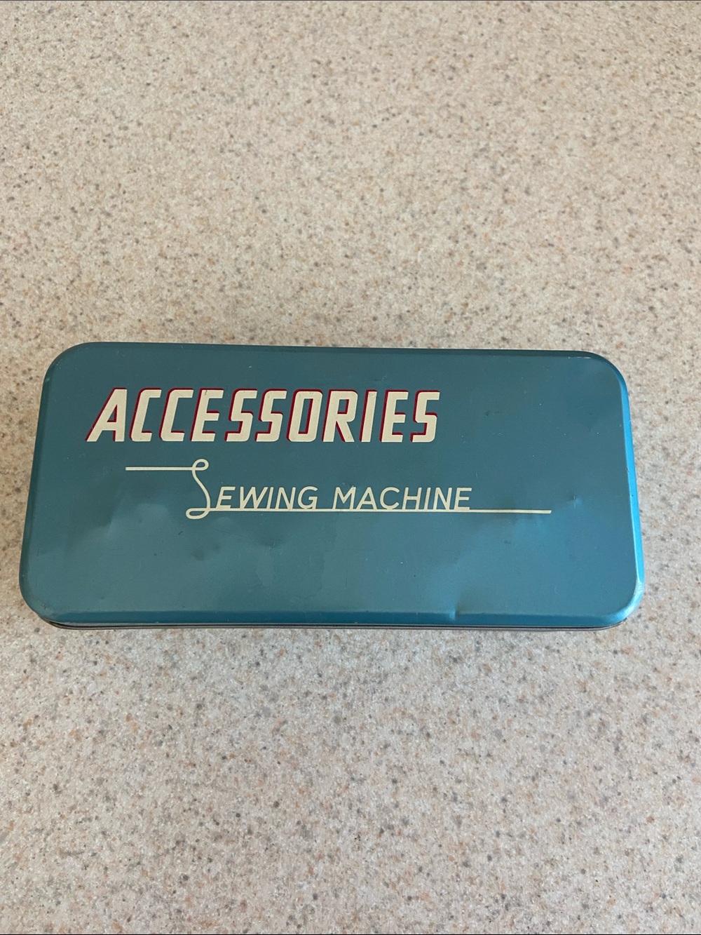 Vintage Sewing Machine Accessories Tin Blue Metal Storage Box